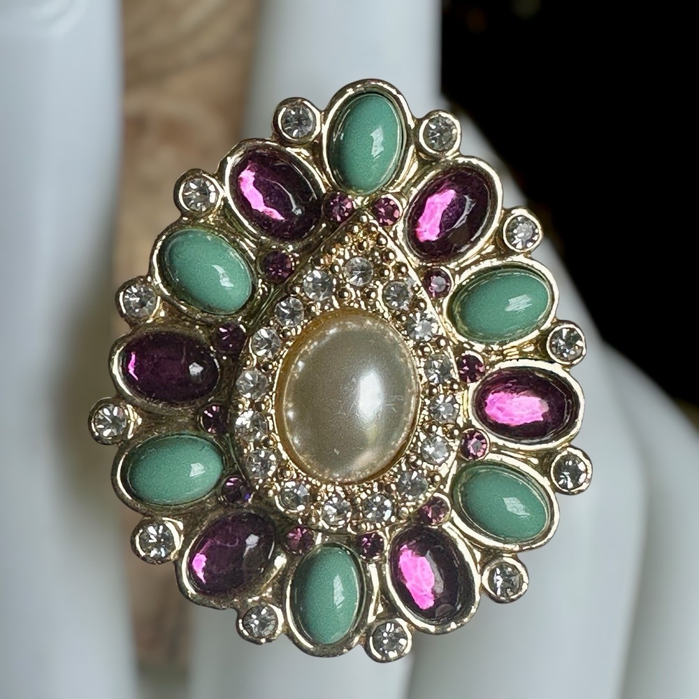 VTG Arnold Scaasi Statement Ring Size 6 Multicolor‎ Cabs Rhinestones Gold Plated